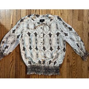 Ákiko Women’s 100% Silk Snake Printed Blouse Size Med With Smocked Waist & Cuff